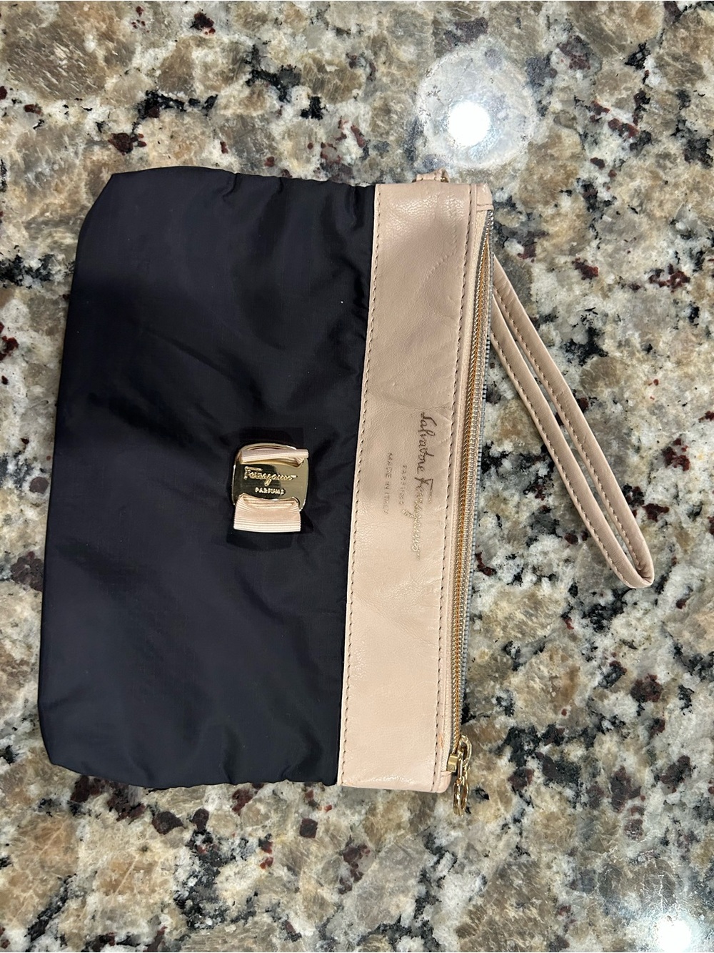 Salvatore Ferragamo Black and Beige Leather-Trim Wristlet Clutch